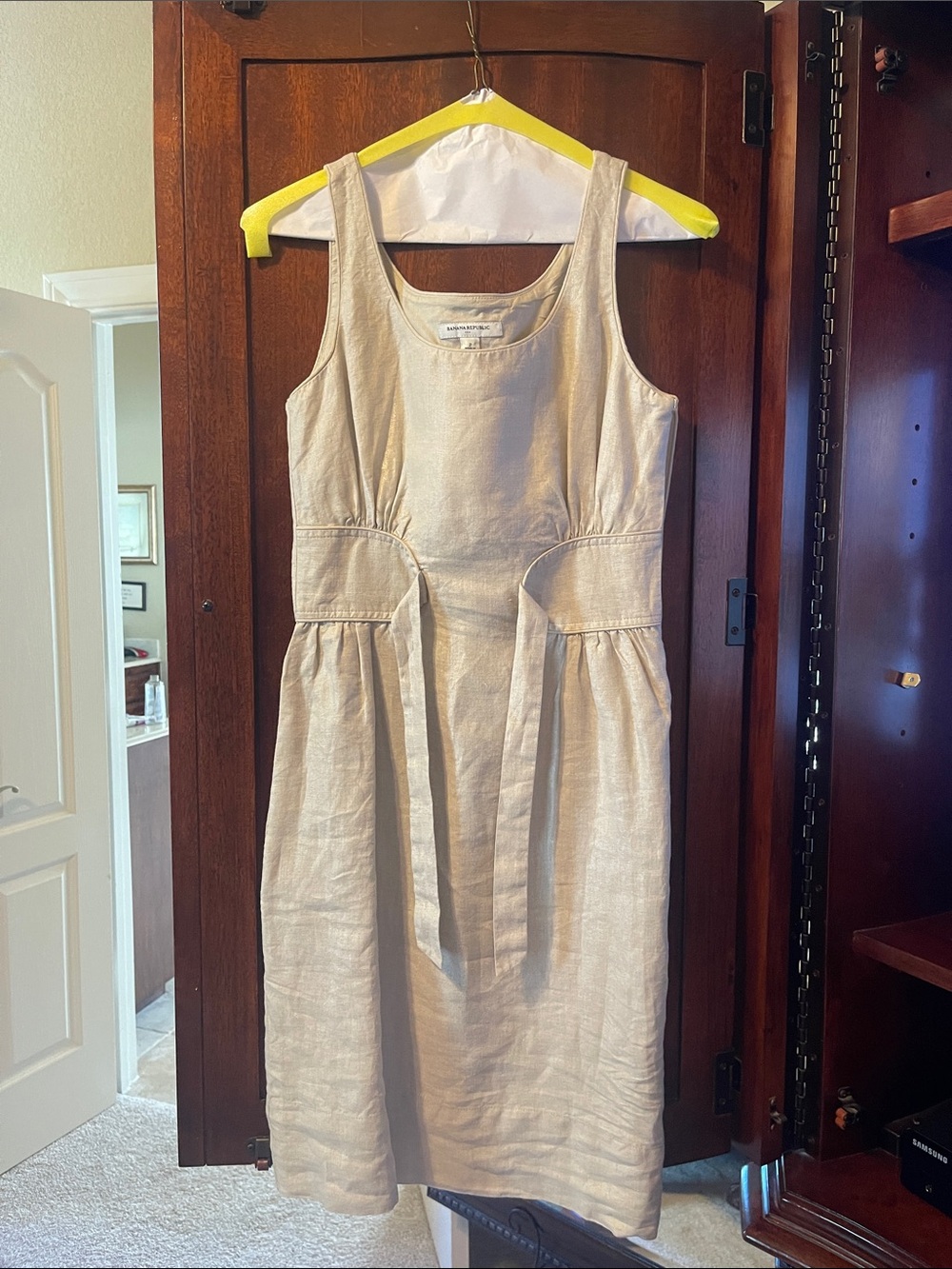 Banana Republic Factory Cream Sleeveless Tie-Waist Linen Dress